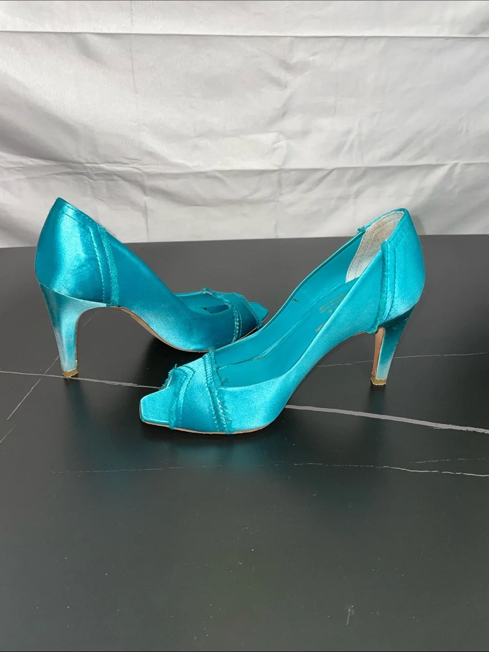 PEDRO GARCIA TEAL SATIN FRAYED PEEP TOE HEELS FTL-08-201